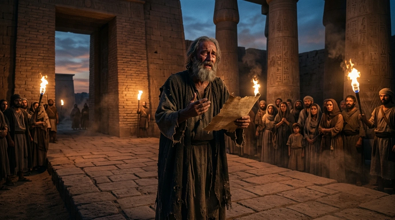 The Prophet Jeremiah standing before Pharaoh palace ramparts in Tahpanhes Egypt weeping over the disobedience of the Jewish exile remnant