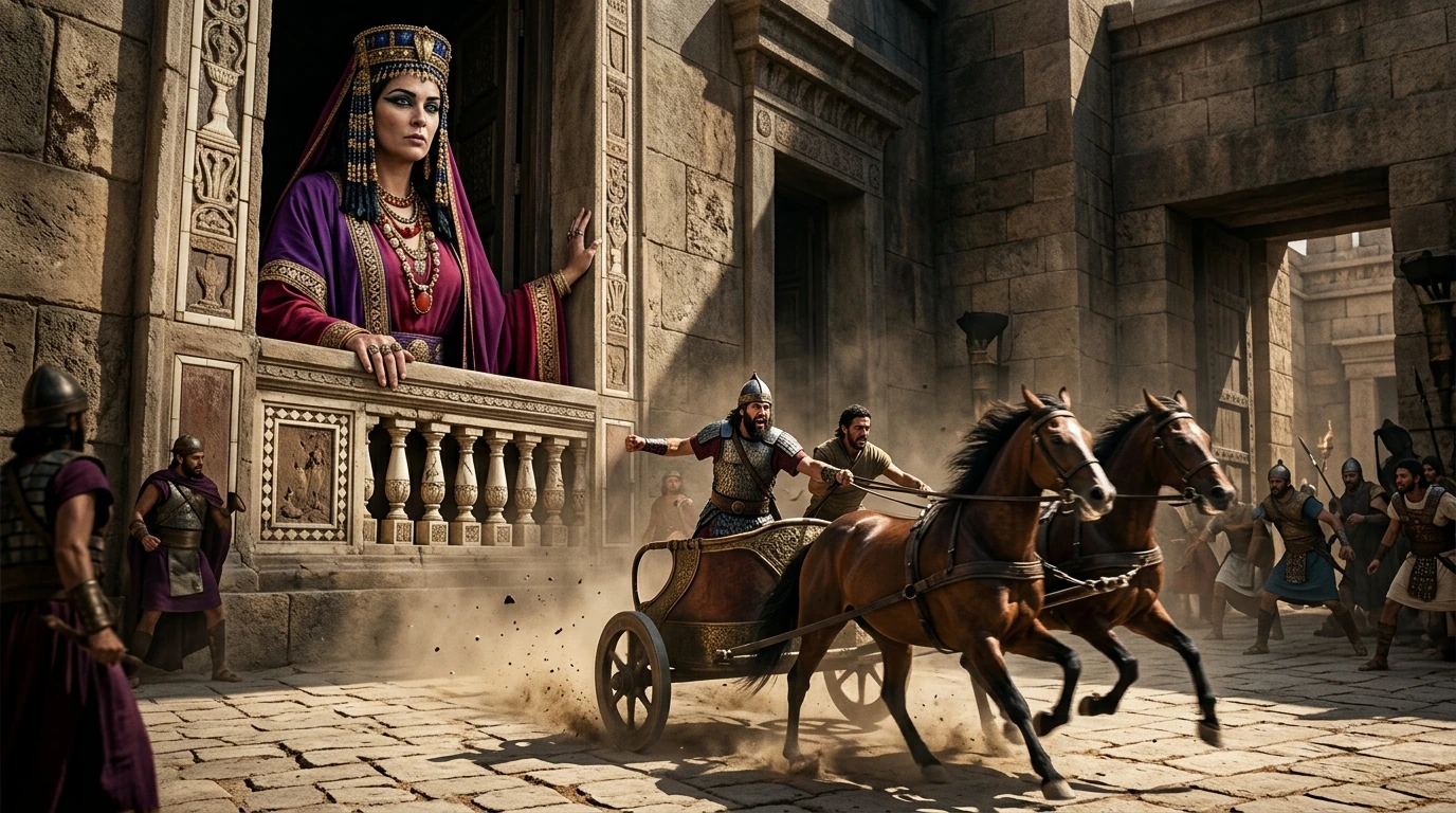 Queen Jezebel looking down from her royal palace window in Jezreel wearing royal cosmetics before being thrown down to the chariot of Jehu