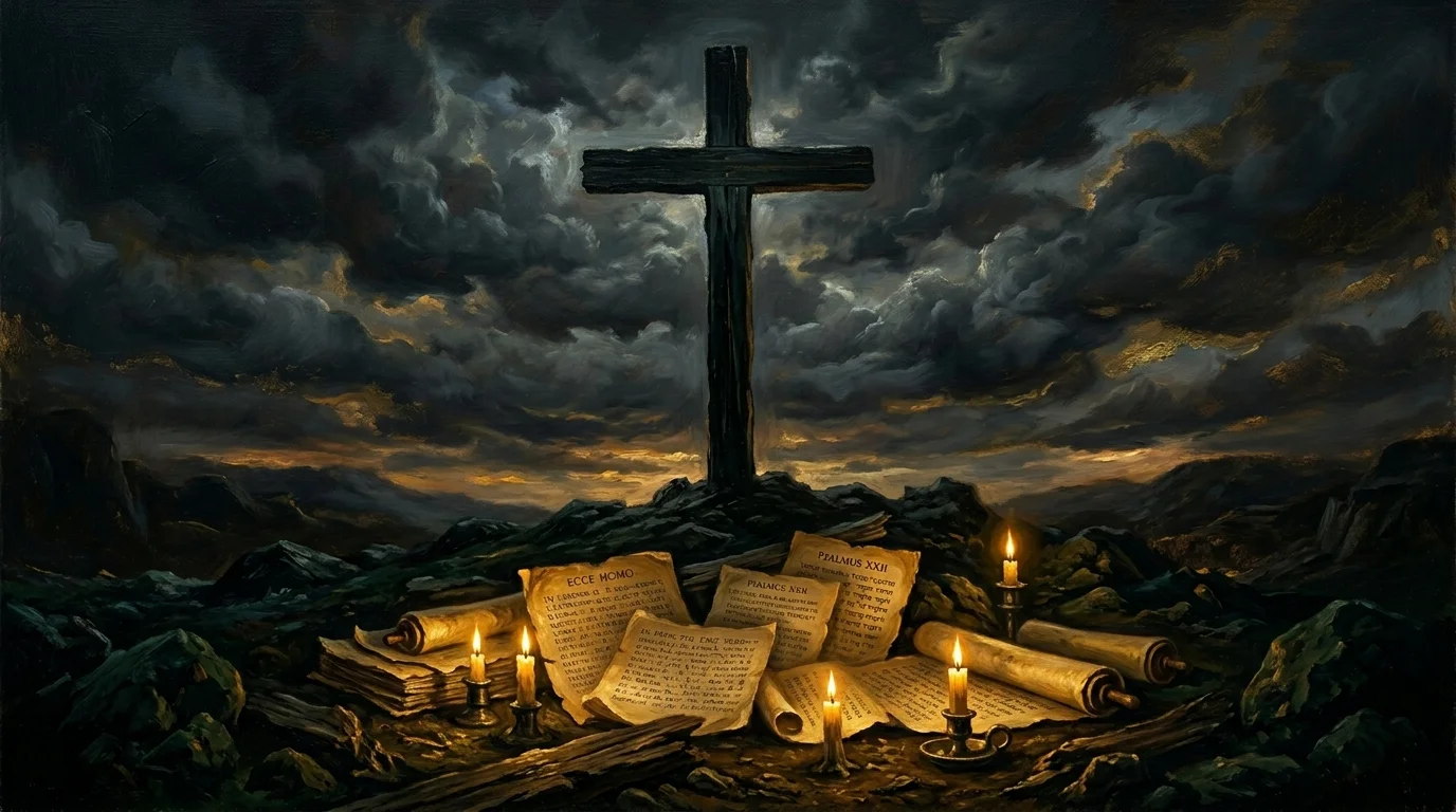 Ancient wooden cross and parchment manuscripts depicting prophetic martyrdom