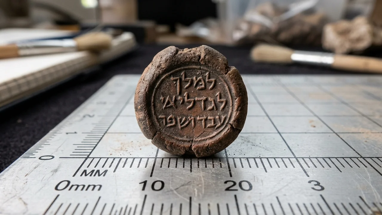 Macro detailed shot of a tiny ancient clay seal impression bulla resting on measuring grid, ancient paleo-Hebrew letters stamped in baked clay, historical breakthrough artifact