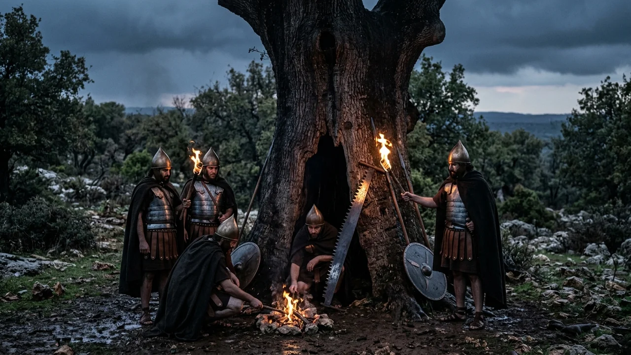 Ancient biblical soldiers sawing a massive hollow ancient oak tree in a stormy Judean forest at twilight