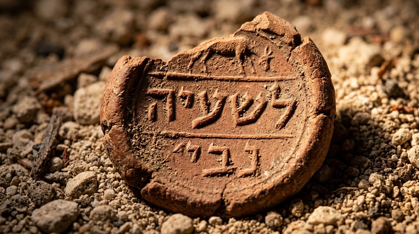 Macrophotography of the ancient clay bulla reading Belonging to Isaiah the Prophet excavated by Dr. Eilat Mazar at the Ophel in Jerusalem