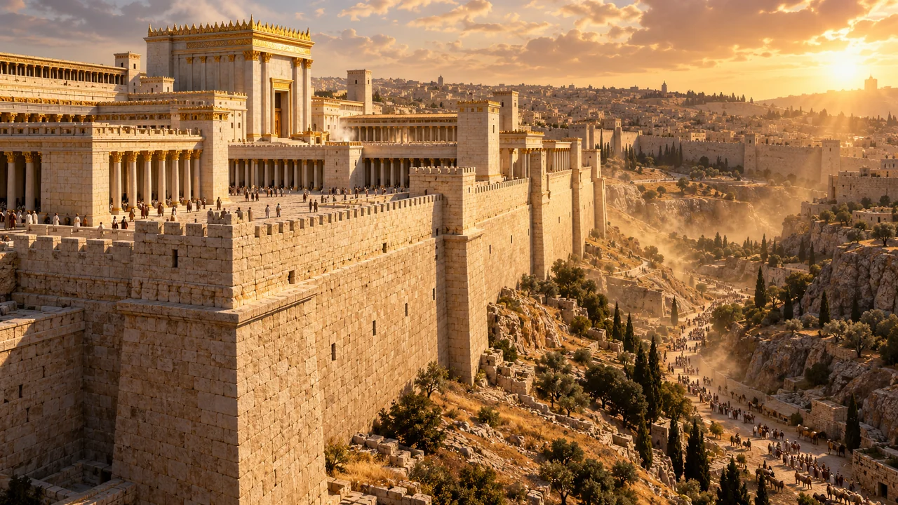 Pinnacle of the Second Temple in ancient Jerusalem overlooking the dramatic Kidron Valley at sunset