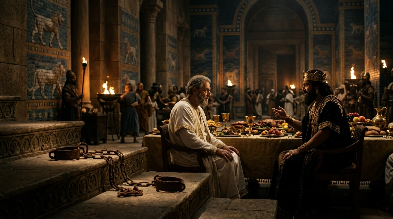 King Jehoiachin of Judah clad in royal garments seated at the banquet table of King Evil-Merodach of Babylon after his release from prison