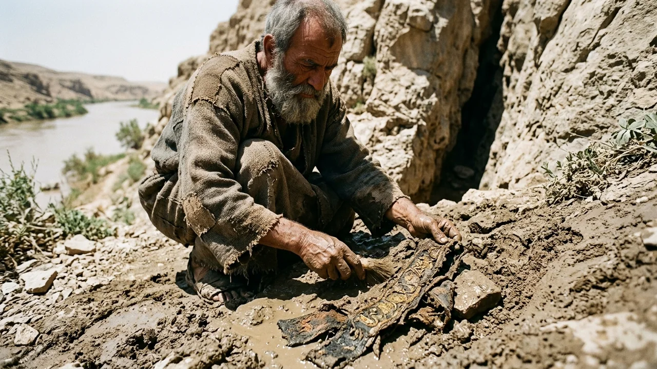 Rocky limestone fissure by the Euphrates as an ancient prophet in worn burlap uncovers a decomposed rotted linen belt from beneath wet mud
