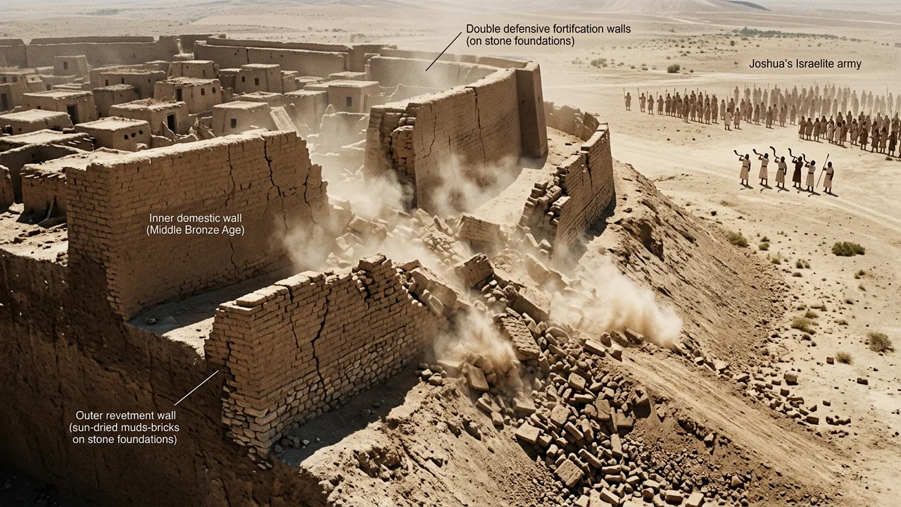 Archaeological cross-section reconstruction of ancient Jericho’s double mud-brick walls collapsing outward into a massive earthen ramp