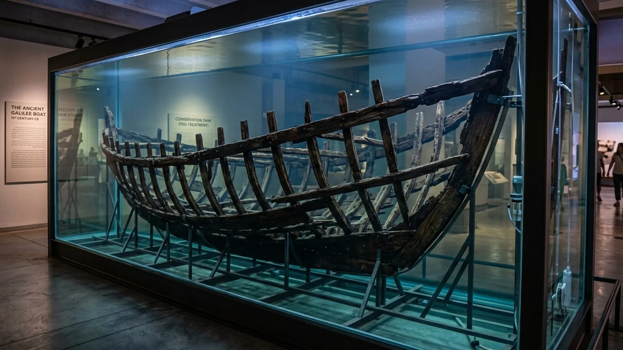 The preserved skeleton of an ancient wooden fishing boat resting in chemical conservation tank at Yigal Allon Museum, ancient oak and cedar ribs visible, soft blue museum lighting