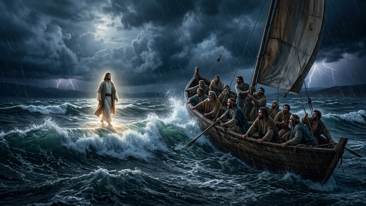 Violent nighttime storm on Sea of Galilee, huge turbulent waves tossing ancient wooden fishing boat with terrified disciples, glowing serene figure walking calmly across churning whitecap wave peaks