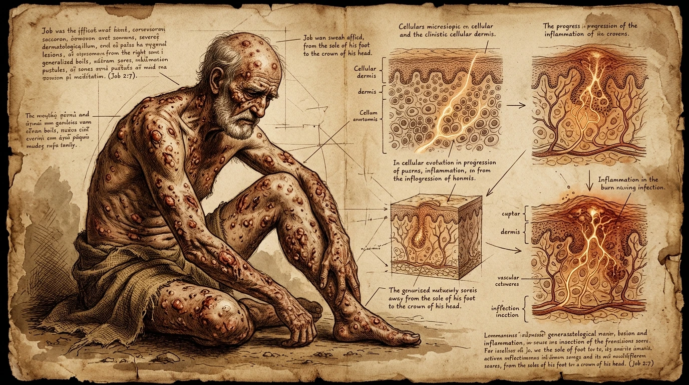 Job seated in ancient ashes scraping malignant boils with a terracotta potsherd in dramatic Caravaggio chiaroscuro lighting