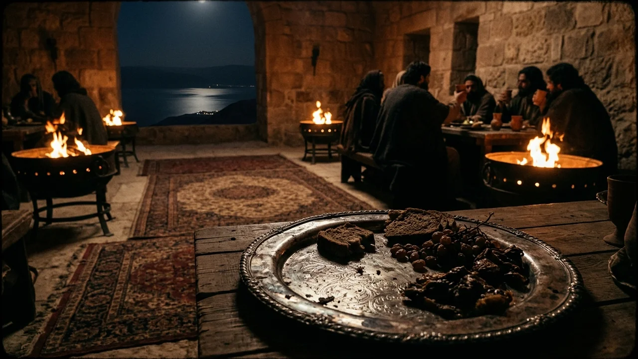 Desert fortress summit of Machaerus overlooking the Dead Sea at night, banquet hall with bronze braziers and silver platter