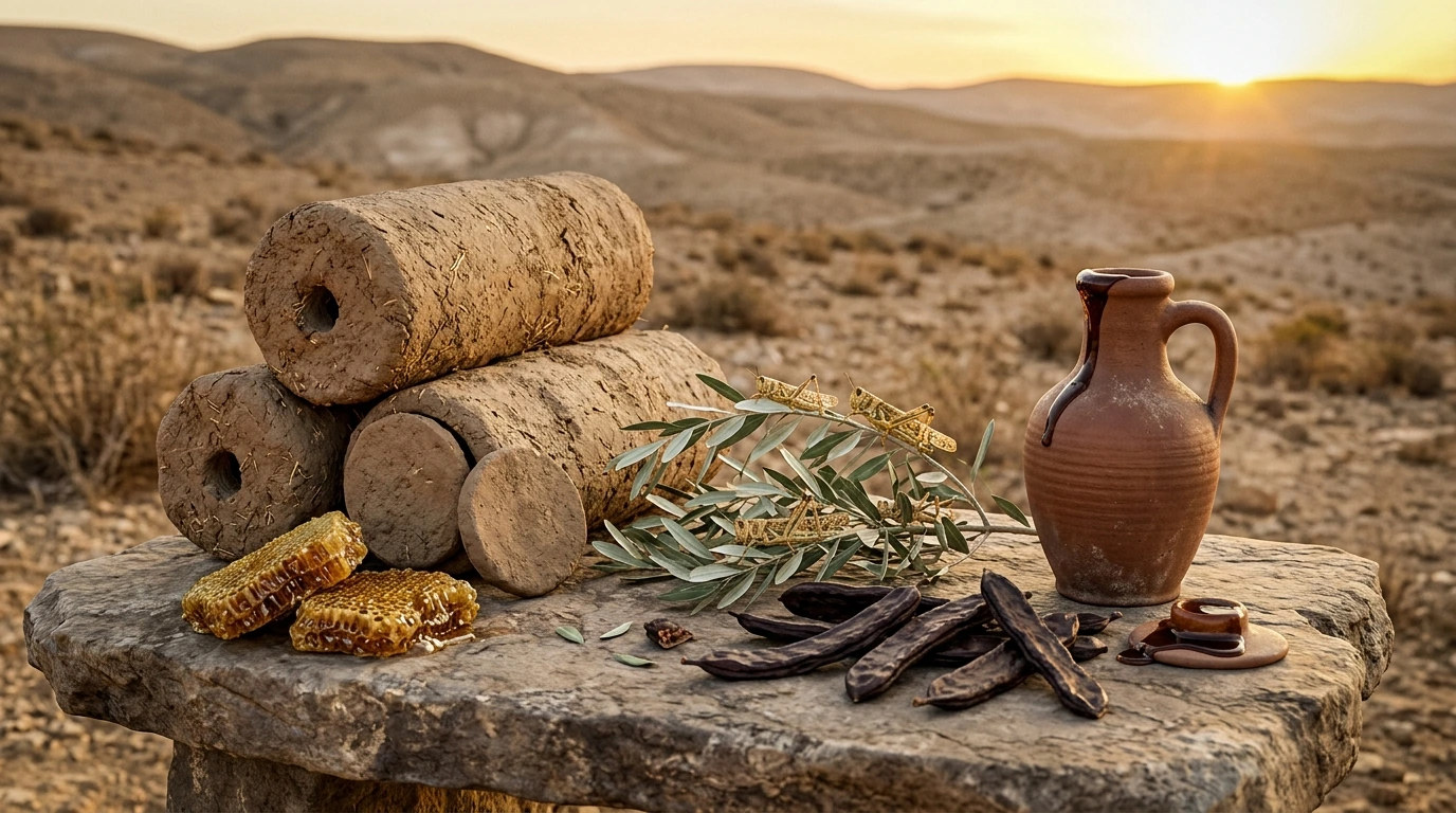 Museum display of archaeological artifacts from the Judean Desert including ancient leather belts, coarse woven camel hair textile fragments, and dried natural desert botanical specimens