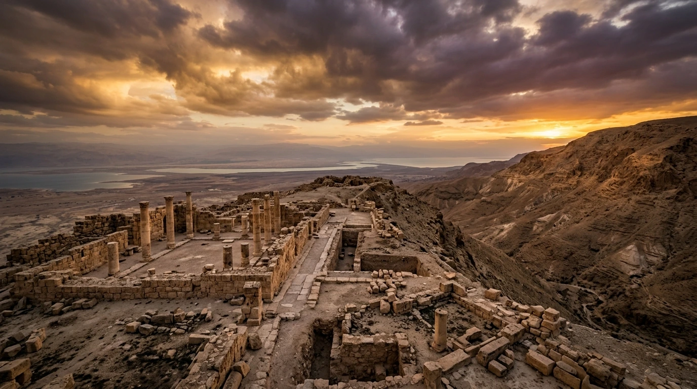 The excavated royal apsidal throne room and stone courtyard of Herod Antipas at Machaerus in Jordan overlooking the desert