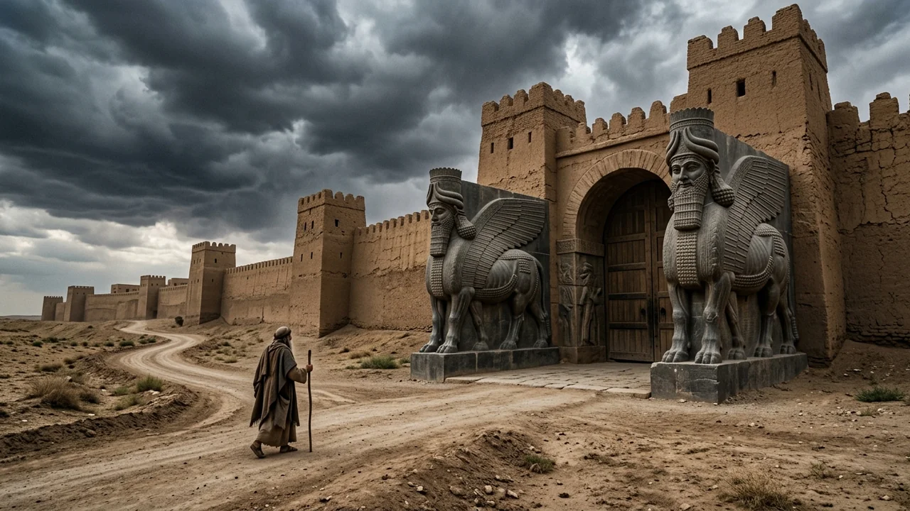 Colossal winged bull Lamassu guardian gates of ancient Nineveh under storm clouds as solitary Hebrew prophet approaches with walking stick
