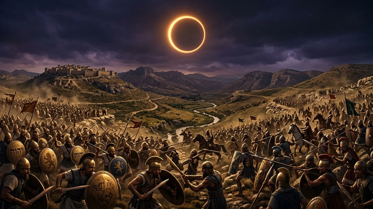 Valley of Aijalon at midday twilight as an eerie ring-of-fire annular solar eclipse looms while Hebrew armies fight Amorites below