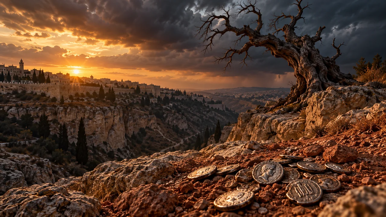 Bleak rocky cliffs of the Valley of Hinnom in Jerusalem at dusk with thirty ancient silver coins on red clay