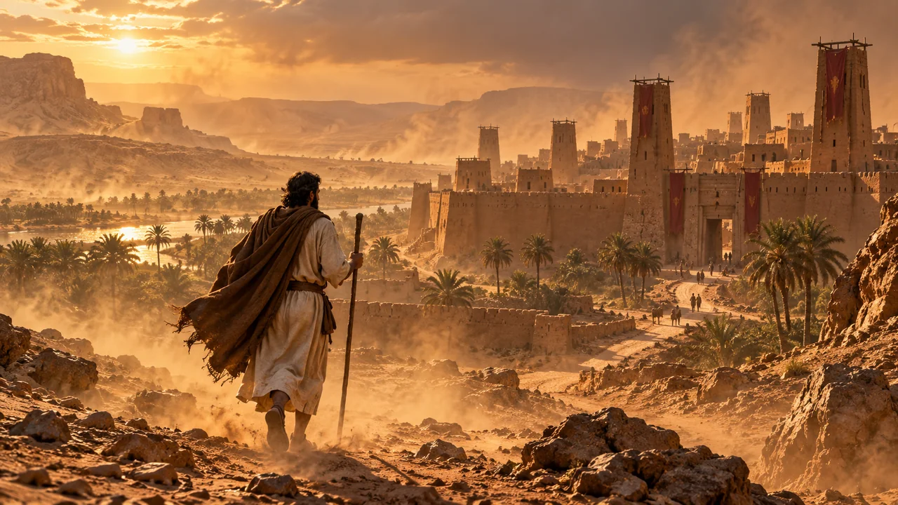 Ancient Mesopotamian desert ruins and adobe brick towers under golden dust storm with Christian missionary cross