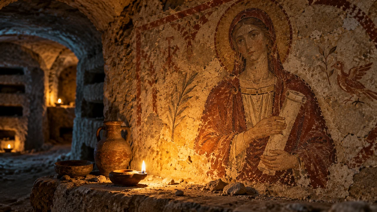 Ancient Roman catacomb chamber with weathered fresco of an early Christian woman holding scripture scroll beside oil lamp