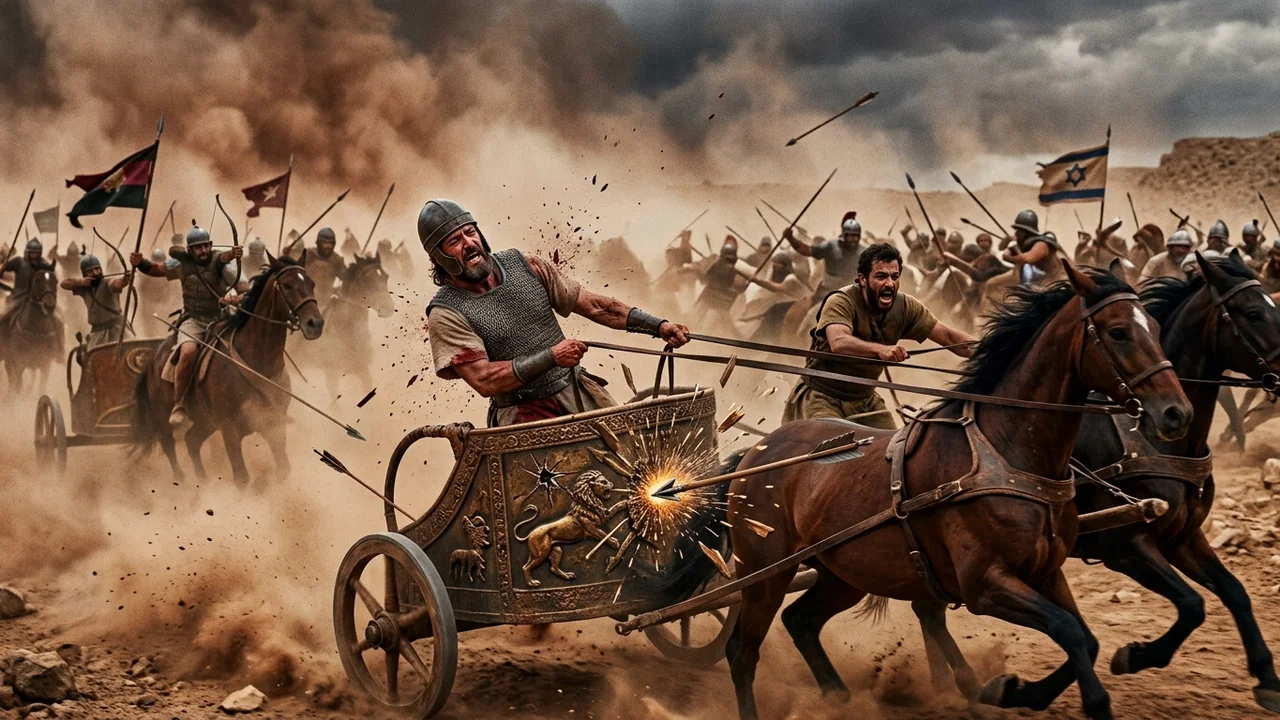 Biblical chariot battle at Ramoth-Gilead with an arrow penetrating the armor scale joint of disguised King Ahab
