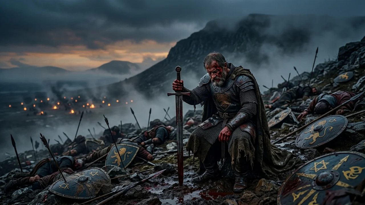 Misty dark slopes of Mount Gilboa after battle as King Saul leans on his own broadsword in agony at twilight