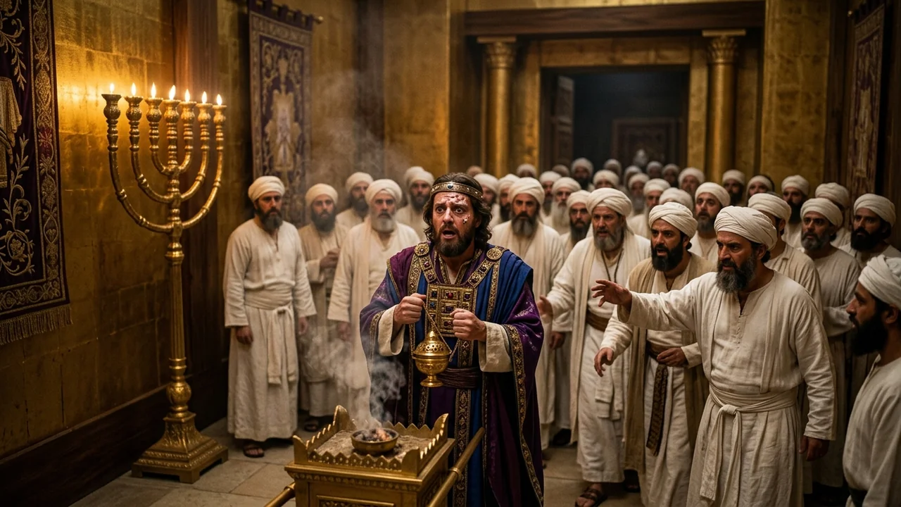 Inside the Holy Place of Solomon's Temple as King Uzziah clutches golden censer while white leprous lesions erupt on his forehead