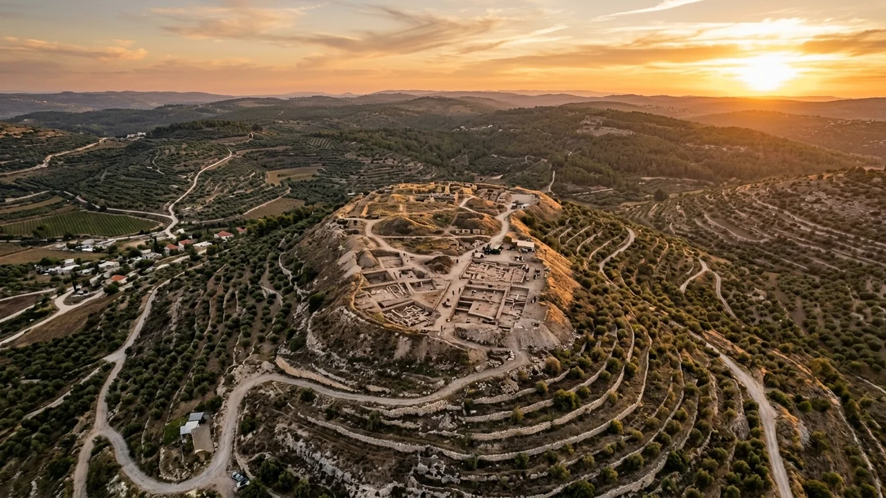 Aerial wide cinematic view of an ancient hilltop archaeological tell in Judean hills covered in olive groves and stone terraces, archaeological trenches visible