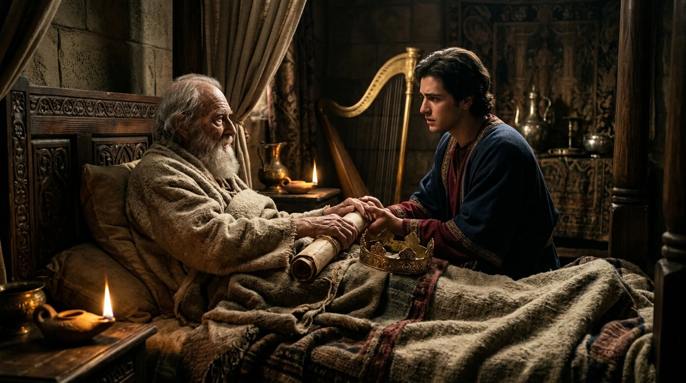 King David in old age resting on his royal bed in Jerusalem delivering his final dying charge to young Prince Solomon