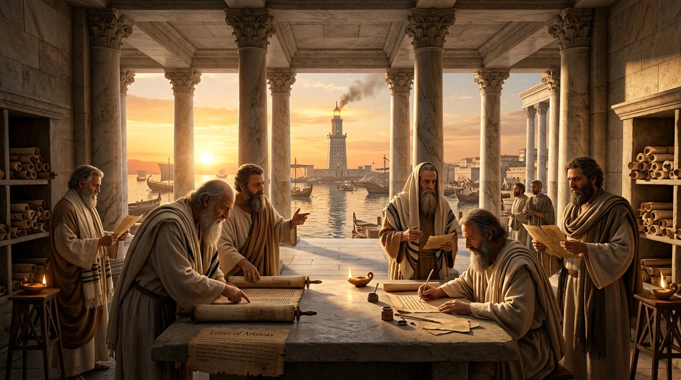 Artistic representation of Hellenistic Jewish scribes translating Hebrew Torah scrolls into Greek under the auspices of the Great Library of Alexandria