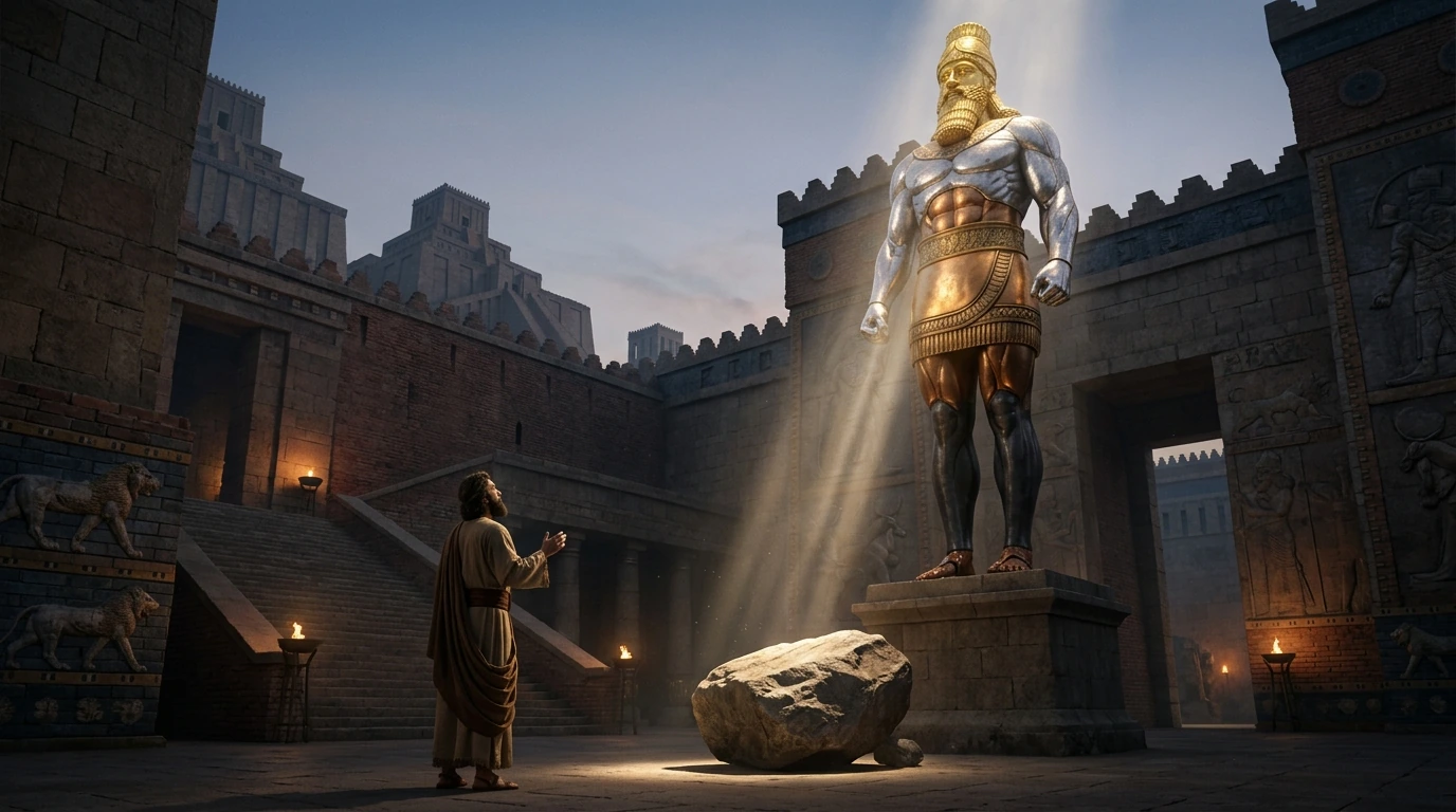 Historical and prophetic diagram comparing the Colossus of Daniel 2 with the Four Beasts of Daniel 7 and archaeological artifacts of the four world empires