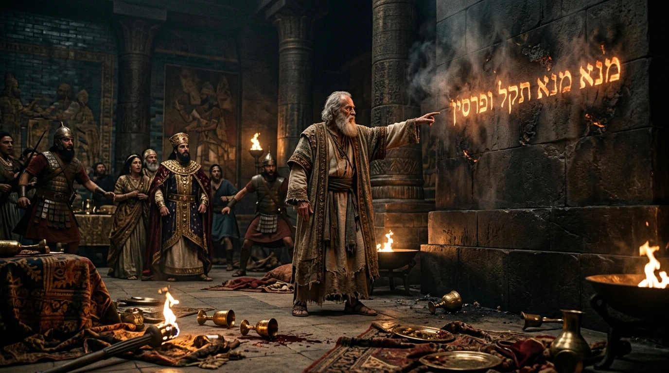 The Prophet Daniel in the royal court of Babylon interpreting the handwriting on the wall before King Belshazzar and the Babylonian nobility