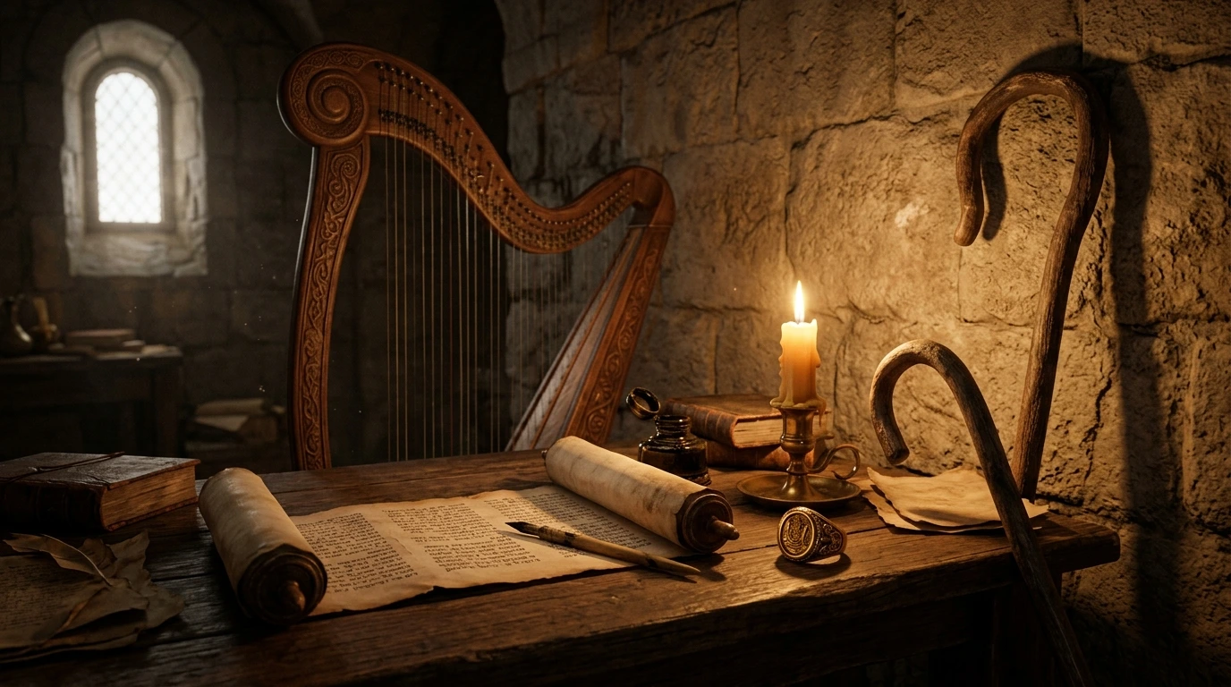 Ancient harp, slingshot stones, and Hebrew Psalter scroll illustrating the life and songs of King David