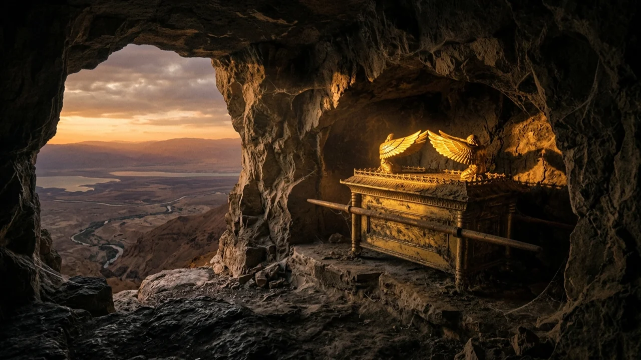 Mysterious dark cavern high on the cliffs of Mount Nebo overlooking the Jordan Valley, golden Ark of the Covenant resting in natural stone alcove, covered in ancient dust, golden cherubim wings catching the final rays of setting sun