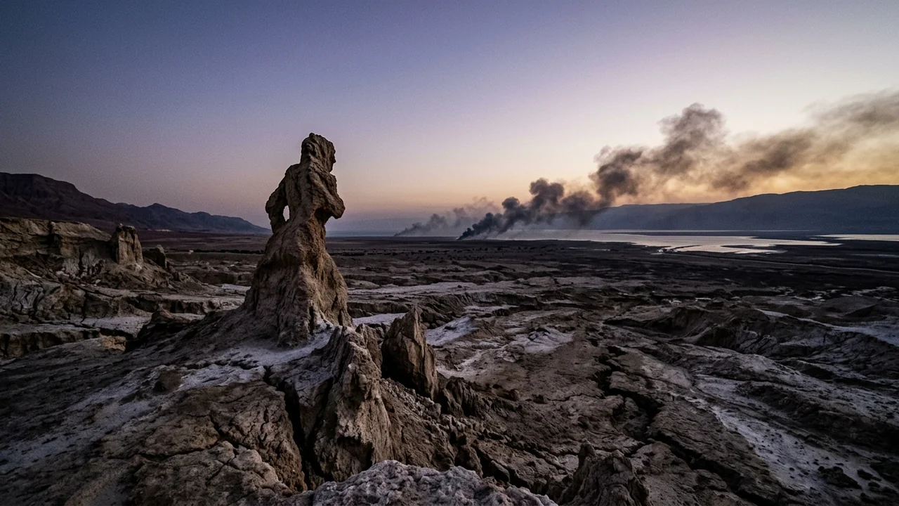 Barren eroded landscape of Mount Sodom near the Dead Sea at dawn with a natural salt pillar resembling a fleeing human silhouette