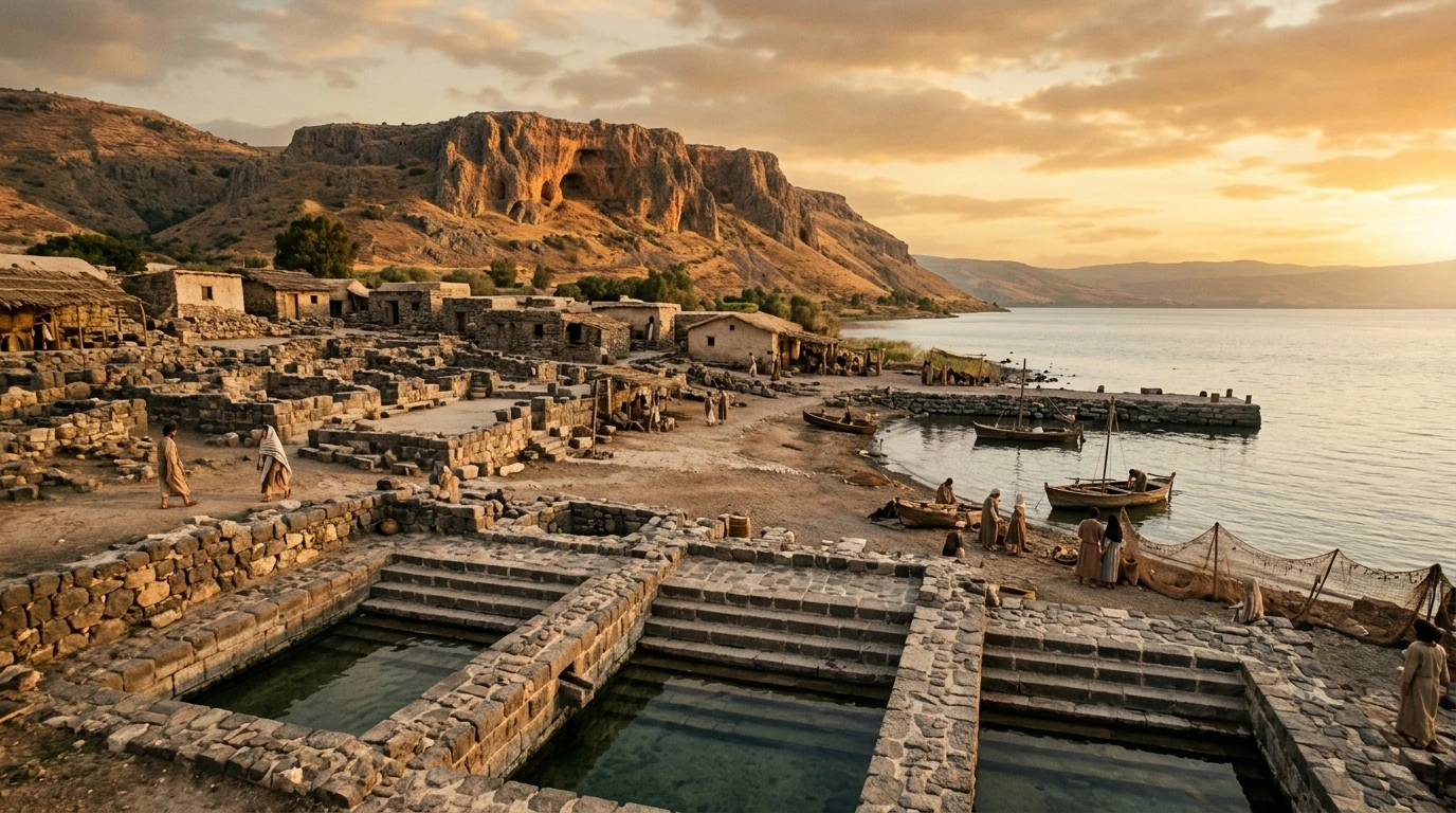 Aerial archaeological panorama of the excavated 1st-century Roman-era port city of Magdala on the western shore of the Sea of Galilee, showing the ancient synagogue, stone harbor, and purification baths