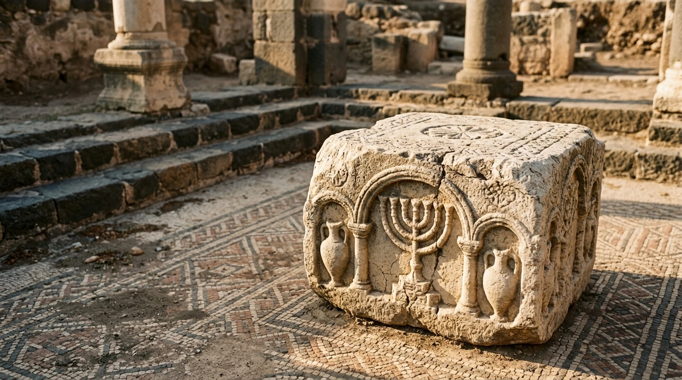The exquisitely carved limestone Magdala Stone and mosaic floor of the 1st-century synagogue uncovered at ancient Magdala