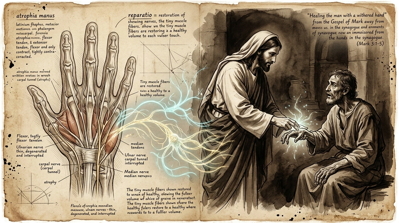 A 1st-century craftsman extending his restored right hand before the Pharisees in a sunlit Capernaum synagogue