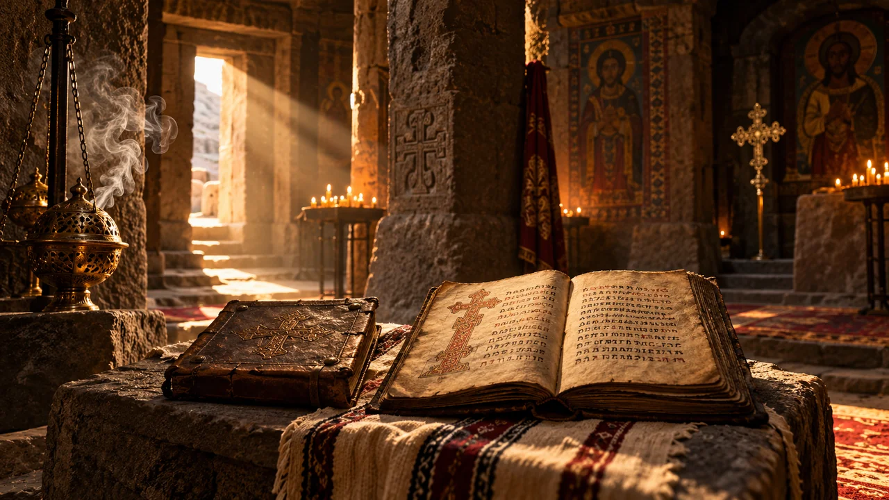 Ancient stone altar in 1st-century church with rays of golden sunlight illuminating manuscripts and incense as Apostle Matthew stands in prayer
