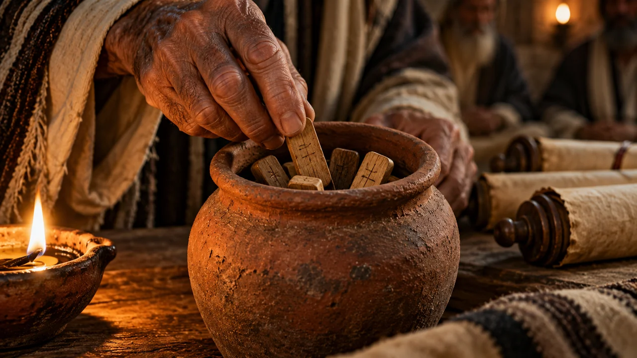Ancient Judean terracotta jar with wooden lots inscribed with paleo-Hebrew letters beneath warm candle light with parchment scrolls