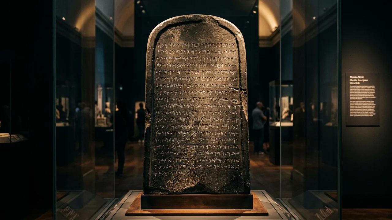 Museum display of the ancient black basalt Mesha Stele with crisp ancient Phoenician-Moabite alphabetic inscriptions highlighted by museum lighting