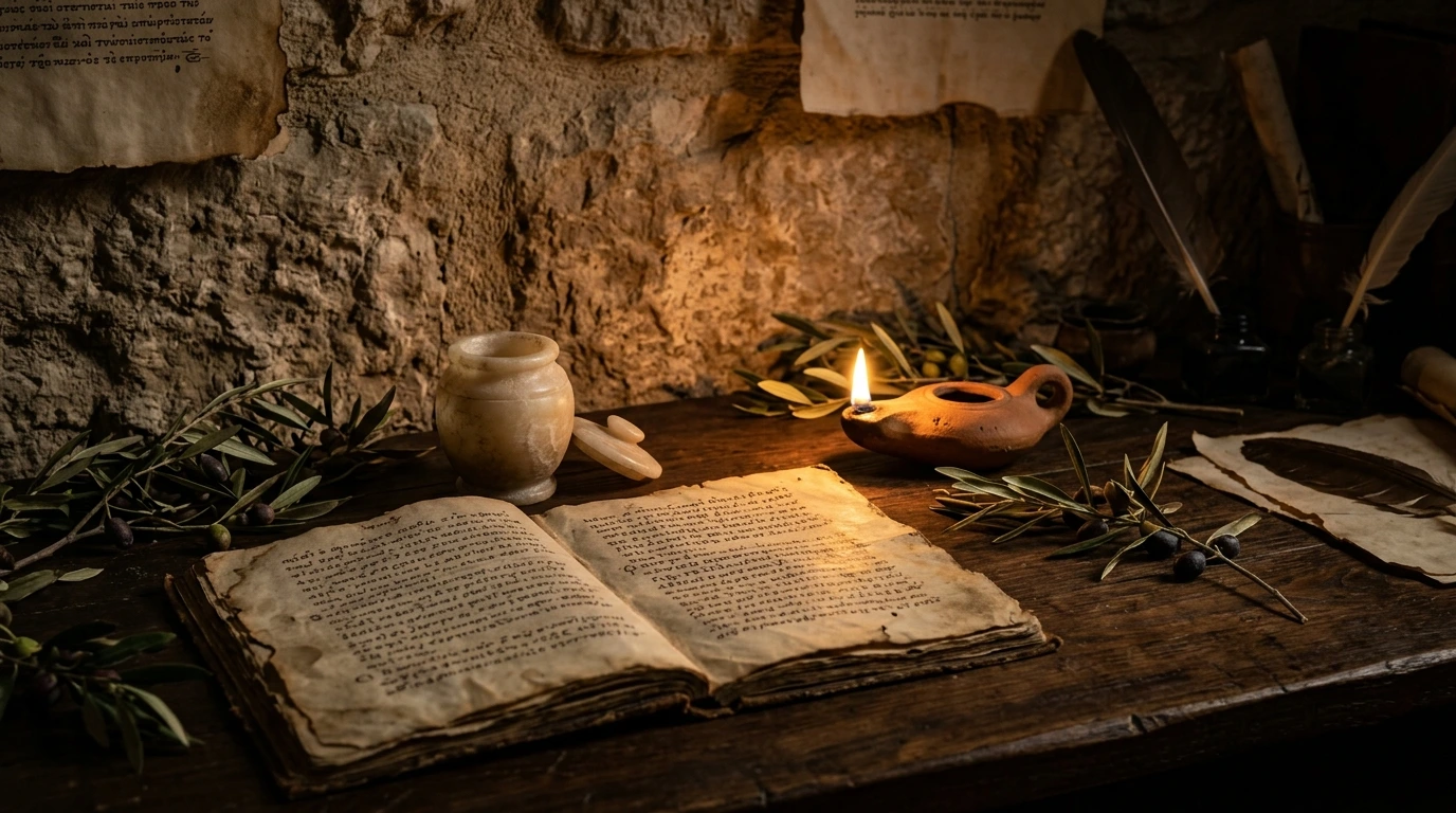 Ancient illuminated manuscript open on a lectern illustrating the miracles of Christ with Greek textual concordance