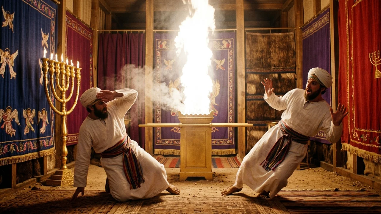 Interior of the Sacred Tabernacle as the incense altar is engulfed in a sudden blinding supernatural white column of fire while two priests fall backward
