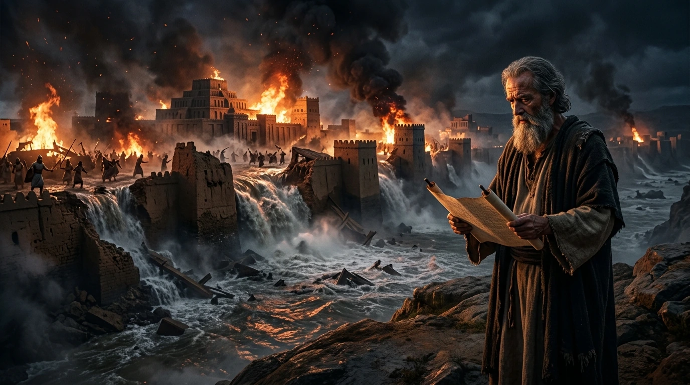 The Prophet Nahum looking down upon the burning, flooded ramparts of ancient Nineveh during the catastrophic Medo-Babylonian assault of 612 BC