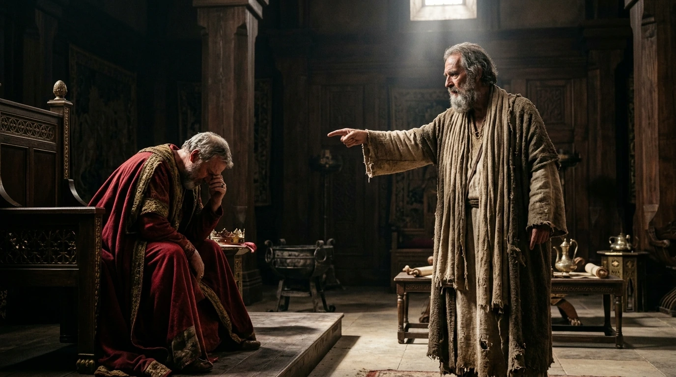 The Prophet Nathan pointing his finger in moral confrontation at King David on the throne of Jerusalem crying Thou art the man