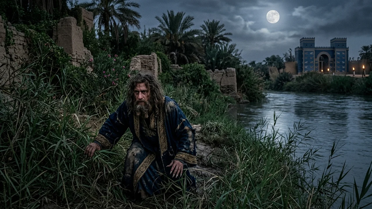 Wild unkempt monarch with matted hair and uncut nails crawling among tall grasses beside the Euphrates River near Babylon