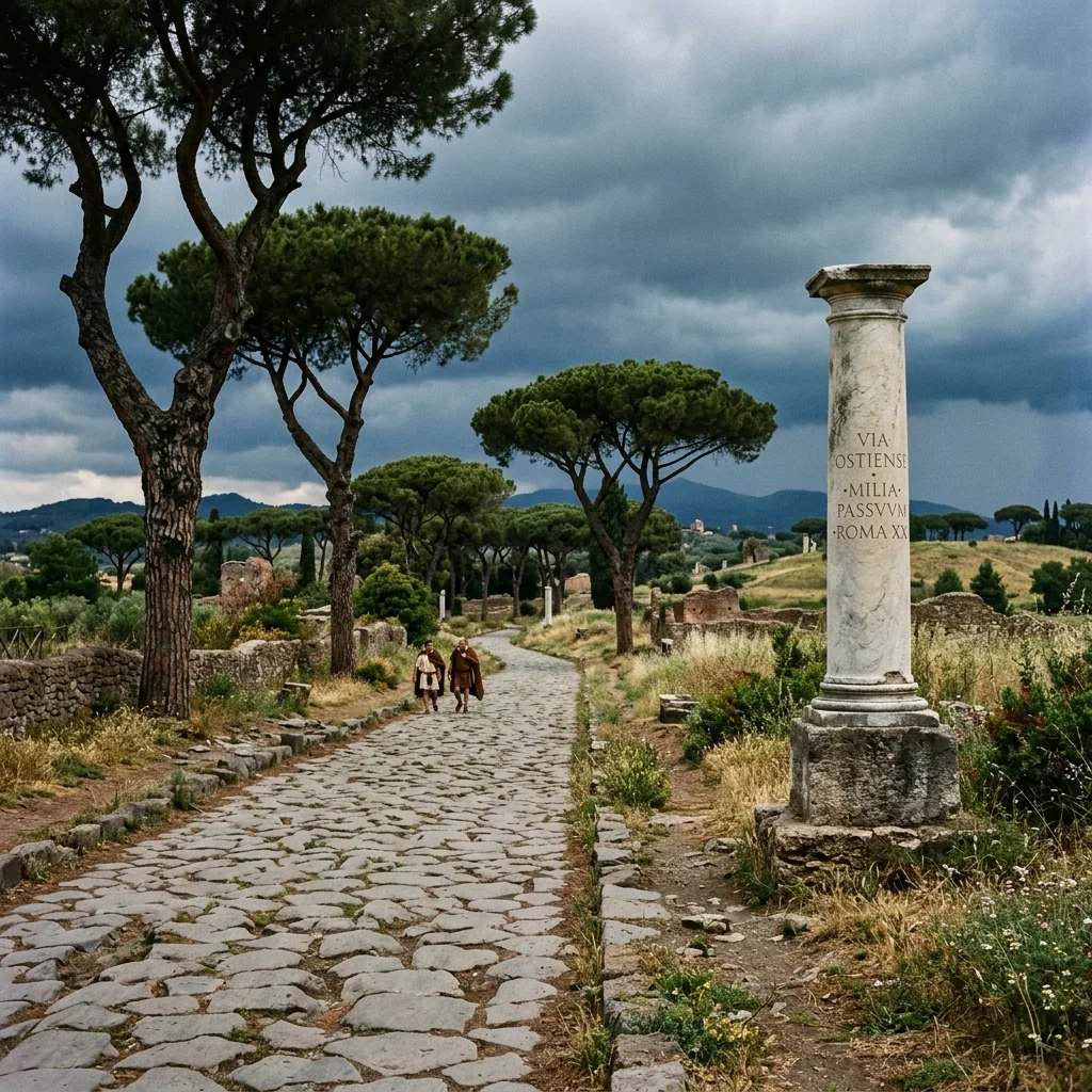 Ancient Via Ostiense paved stone Roman road outside Rome with marble column