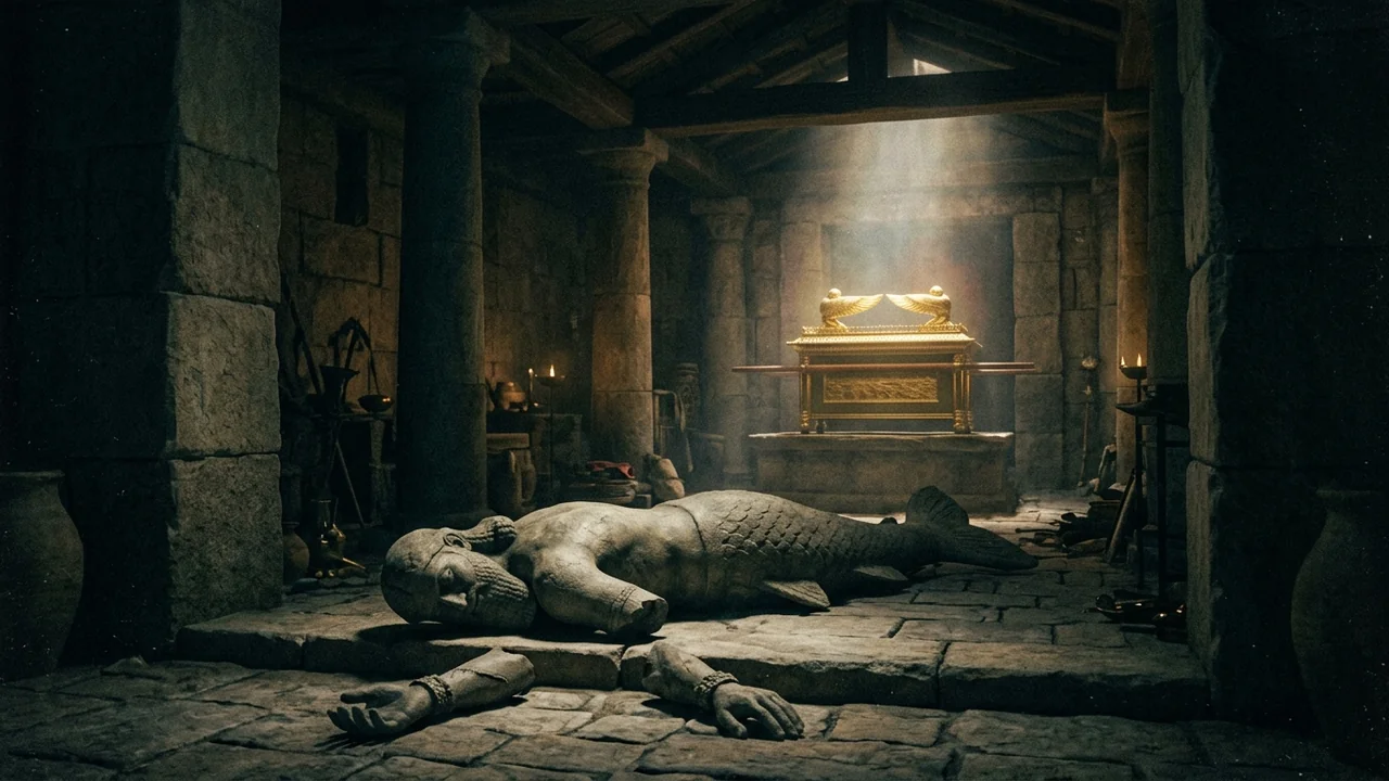 Dark temple chamber of Dagon in Ashdod as the idol of Dagon lies fallen with hands broken on the threshold before the golden Ark of the Covenant