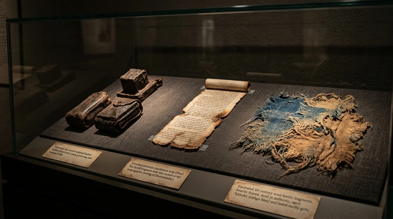 High-resolution museum archaeological macro photograph of 1st-century leather tefillin capsules and woolen tzitzit tassels discovered in the Judean desert caves