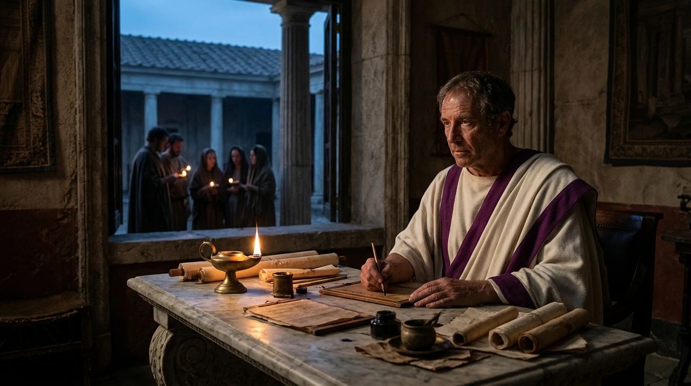 Pliny the Younger seated at a Roman magistrate’s desk composing an official letter on parchment scroll
