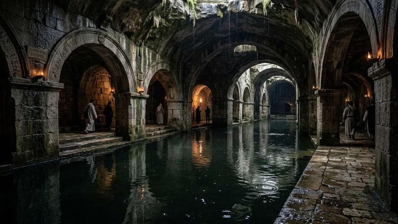 Deep underground ruins of the ancient Pool of Bethesda in Jerusalem, massive stone arches and deep cistern basins reflecting water droplets, ancient five-portico architecture