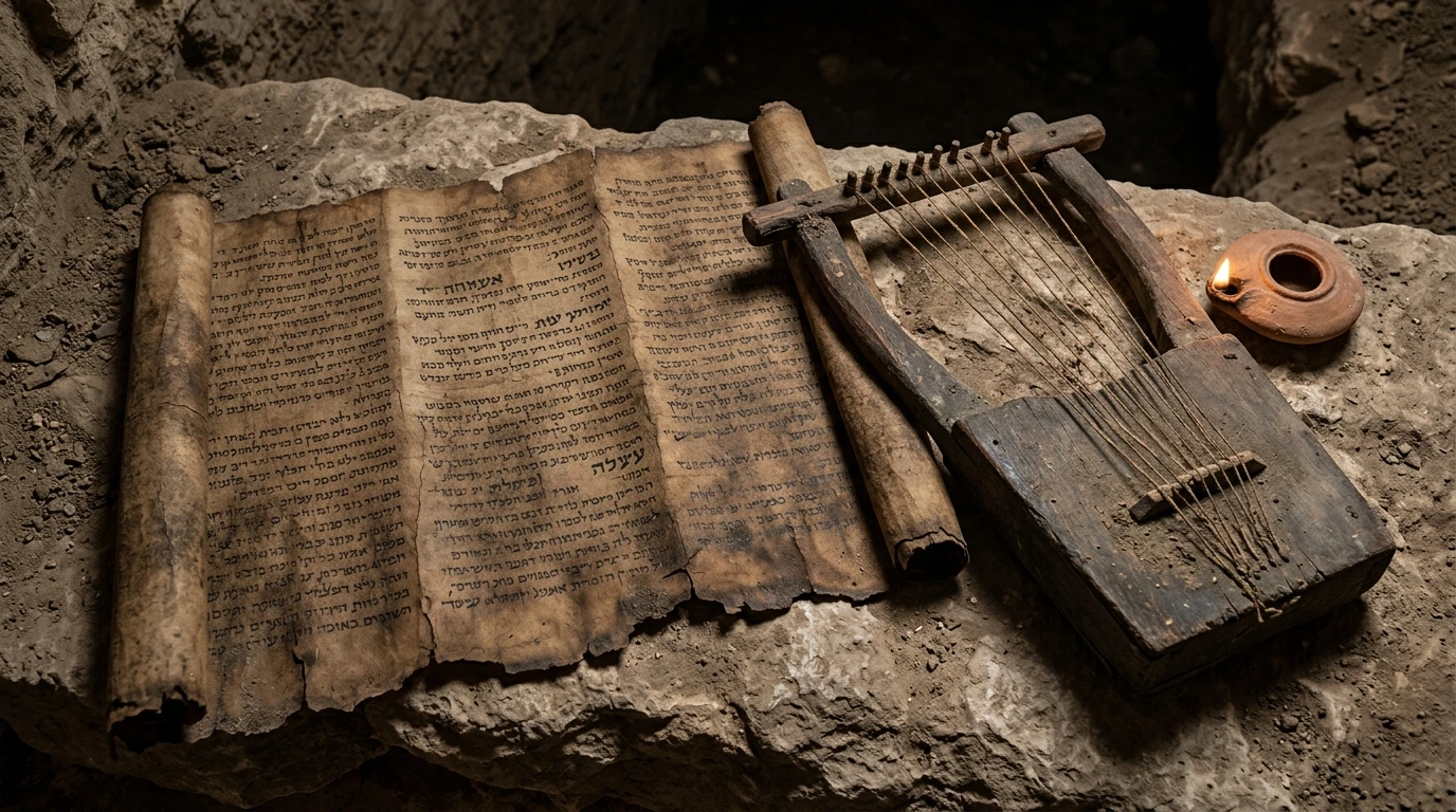 The unrolled parchment of the Great Psalms Scroll 11Q5 showing Hebrew poetic columns of canonical psalms in ancient Cave 11