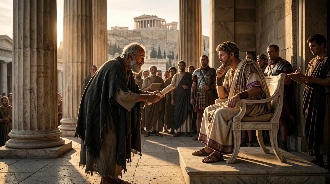 Bishop Quadratus of Athens presenting his written Apology scroll to Roman Emperor Hadrian in ancient Athens
